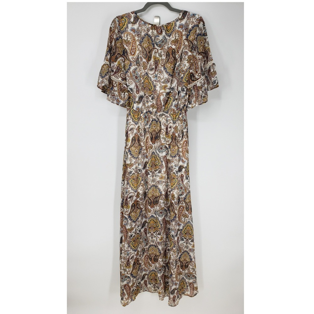 Signature Studio Paisley Boho Maxi Dress Sz Small Peasant Flutter Sleeve Brown - Picture 3 of 10
